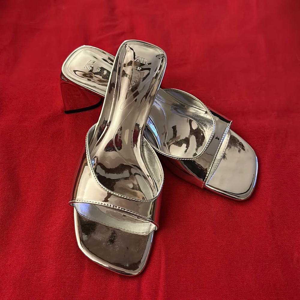 Zara Metallic Silver Block Heels Size 37/7 NWOT